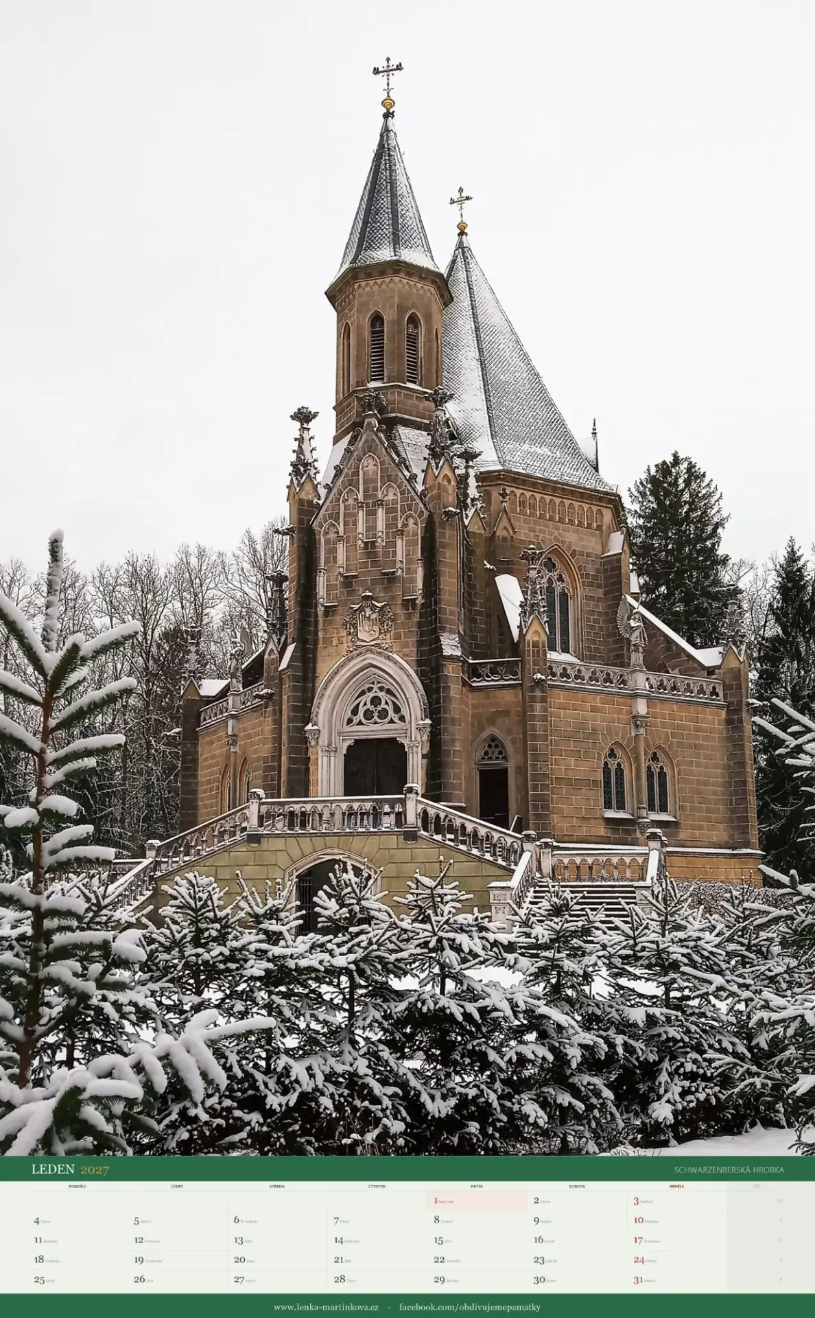 Lednová strana nástěnného kalendáře s fotografií Schwarzenberské hrobky